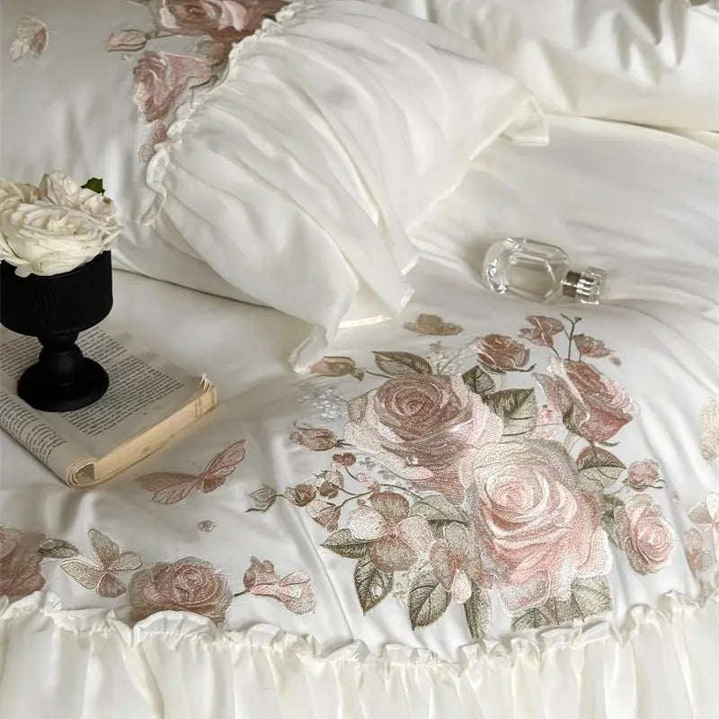 DecorBites™ Luxe Lace Ruffles Wedding Bedding Set Flowers Embroidery Duvet Sheet Pillowcase