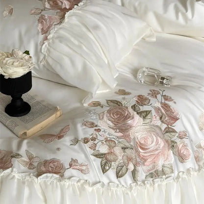 DecorBites™ Luxe Lace Ruffles Wedding Bedding Set Flowers Embroidery Duvet Sheet Pillowcase