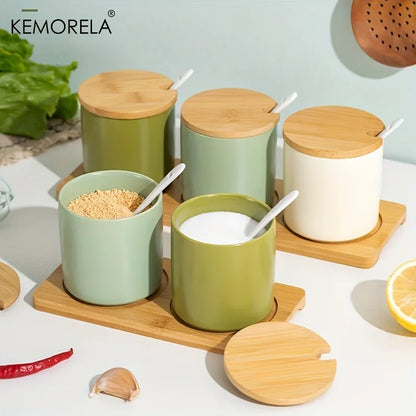 DecorBites™ Japanese Retro Ceramic Seasoning Jar Set with Tray - 3-Piece Kitchen Organizer
