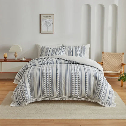DecorBites™ Boho Stripe Furball Duvet Set: High-Quality King Size Bedding with Tassels