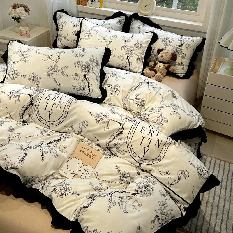 DecorBites™ Black White Printed Bed Skirt Bedding Set - Cozy Skin Friendly Linens
