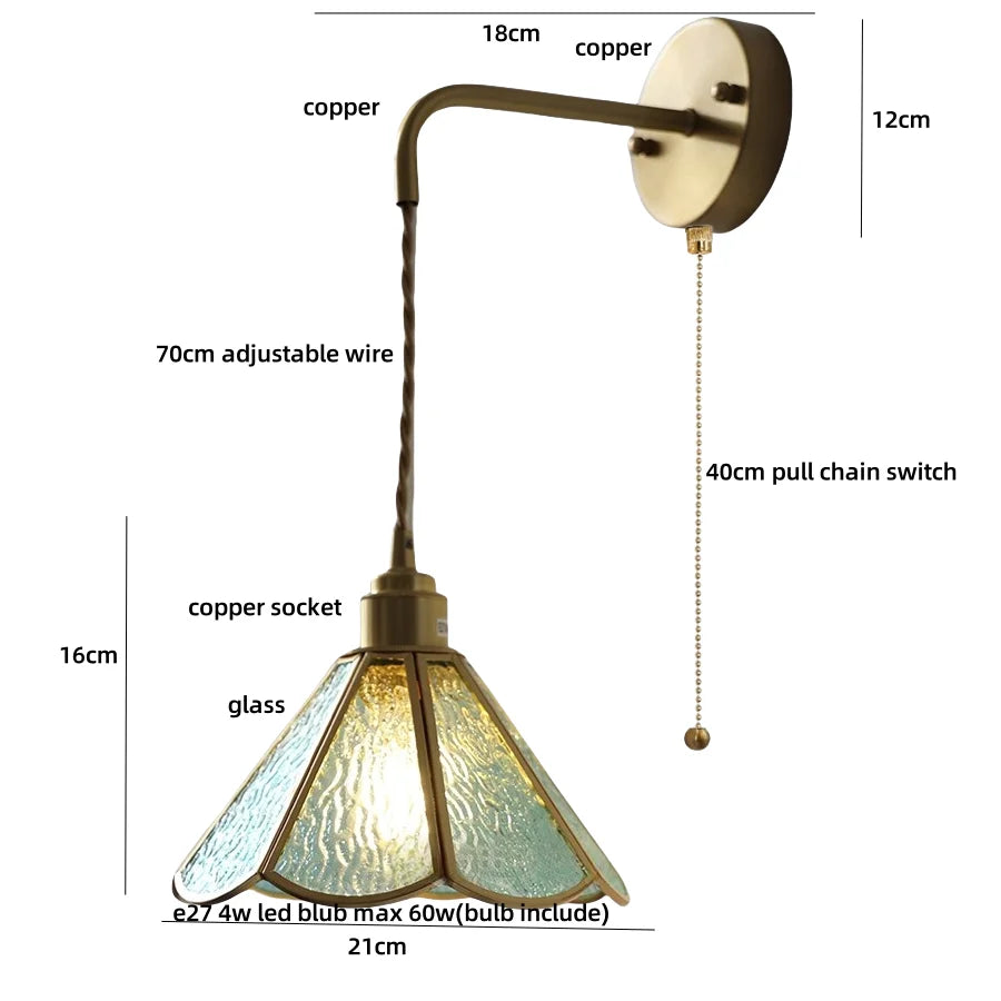 DecorBites™ Blue Glass LED Wall Sconce Pull Chain Switch Staircase Tiffany Style Mirror Light