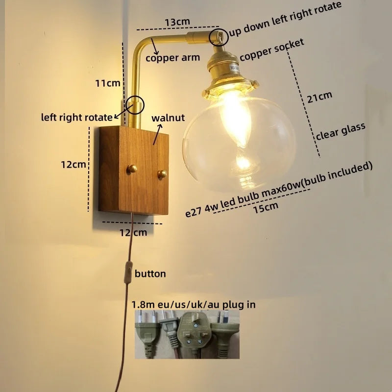 DecorBites™ Glass Copper LED Wall Lights Modern Bedside Lamp Applique Da Parete