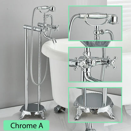 DecorBites™ Brass Freestanding Bathtub Filler with Handshower, Dual Handles & Shower Set