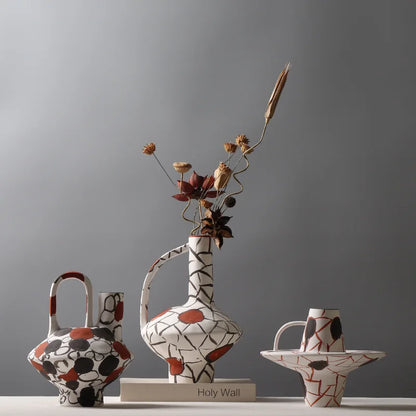 DecorBites™ Geometric Graffiti Ceramic Vase with Handles for Home Decor and Floral Arrangements.