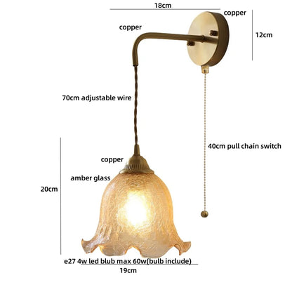 DecorBites™ Amber Glass LED Wall Sconce with Pull Chain Switch for Bedroom and Bathroom