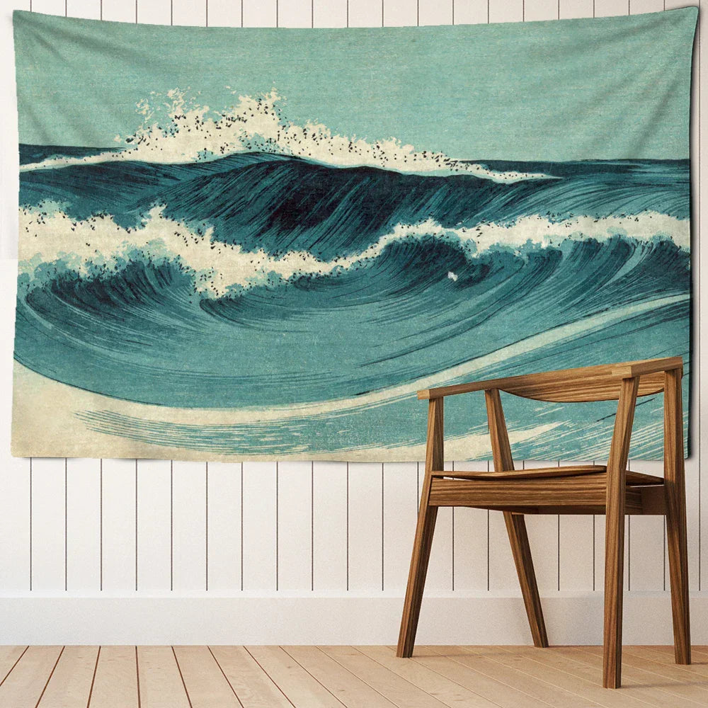 DecorBites™ Blue Wave Oil Painting Tapestry Wall Hanging for Bohemian Style Room Decor