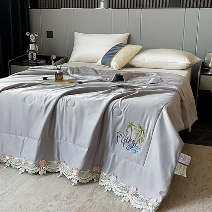DecorBites™ Lace Edge Flowers Embroidery Cool Blanket for Bed - Machine Washable Summer Quilt