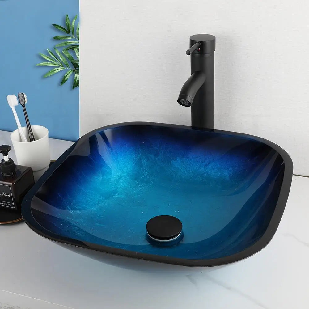 DecorBites™ Gradient Blue Glass Basin Faucet Set with Waterfall Mixer Taps