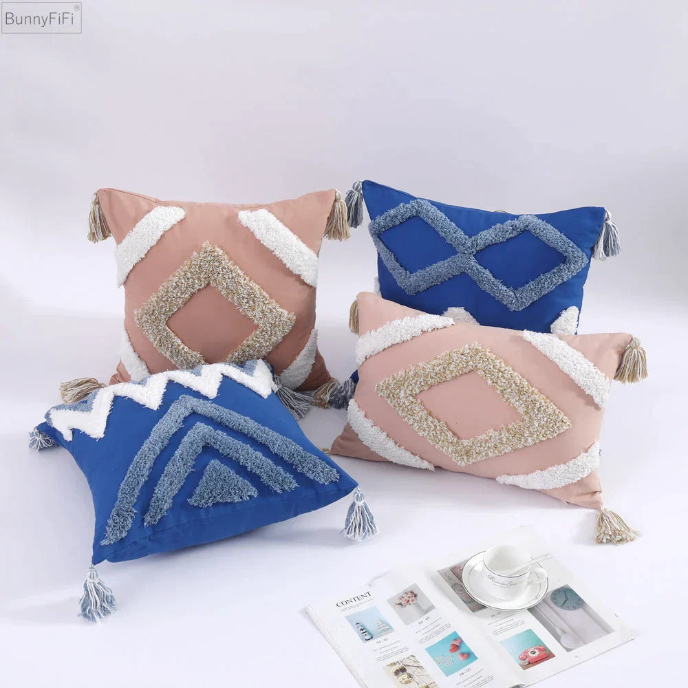 DecorBites™ Boho Tufted Tassel Cushion Cover 45x45cm - Blue Pink Cotton Throw Pillow Cover