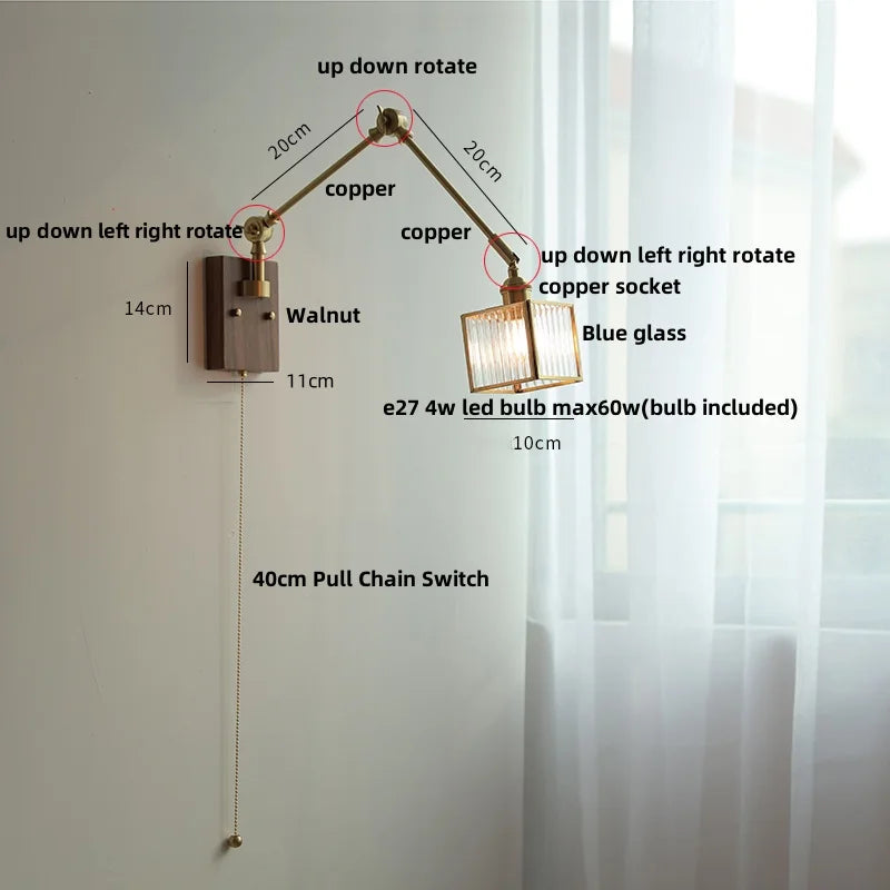 DecorBites™ Ash Wood LED Swing Arm Wall Light with Pull Chain Switch & Blue Glass