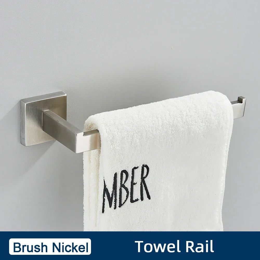 DecorBites™ Black Stainless Steel Bathroom Accessories Set: Towel Bar, Paper Holder, Hook & Bath Rack