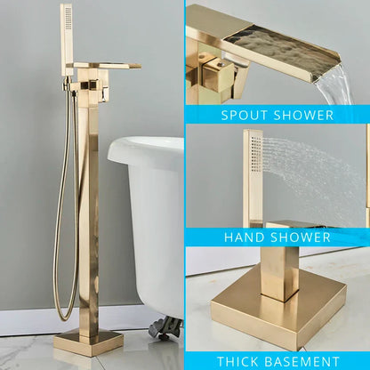 DecorBites™ Gold Bathtub Faucet Set Hot Cold Water Shower Mixer Tap Waterfall Floor Stand