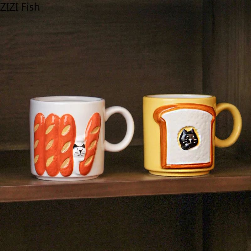 DecorBites™ Cat & Bread Pattern Ceramic Cup 200ml Coffee Mug Tea Afternoon Teacup Juice Mug