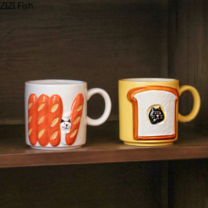 DecorBites™ Cat & Bread Pattern Ceramic Cup 200ml Coffee Mug Tea Afternoon Teacup Juice Mug
