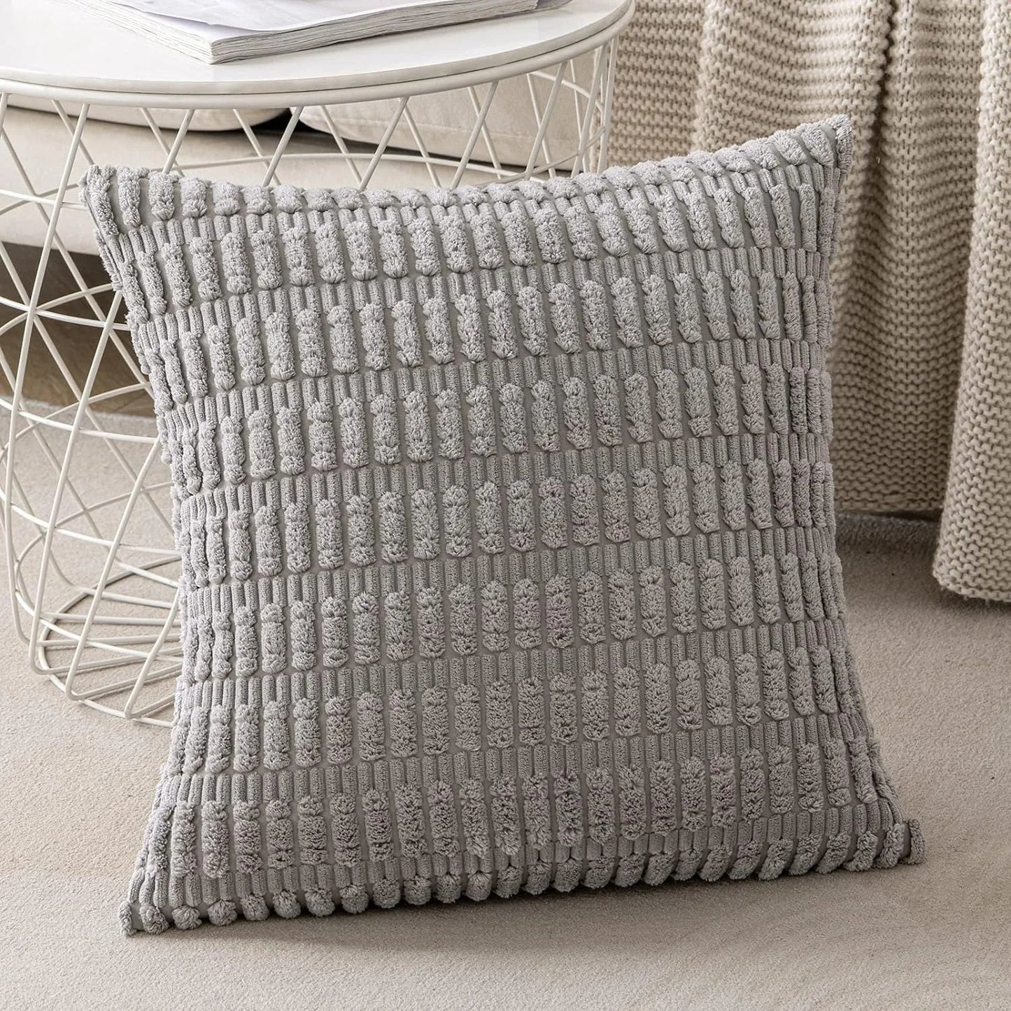 DecorBites™ Black Striped Corduroy Throw Pillow Cover 18x18 Inch Square Cushion Case White Pillowcase