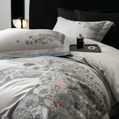 DecorBites™ Cotton Flowers Horse Embroidery Luxury Bedding Set - Duvet Cover, Bed Sheet, Pillowcases