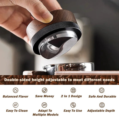 DecorBites™ Espresso Distribution Tool & Tamper - Adjustable Depth, Wooden, 51/53/58mm Sizes