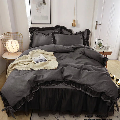 DecorBites™ Korean Bed Skirt Set with Ruffled Edges - Solid, Skin-Friendly Bedding Kit