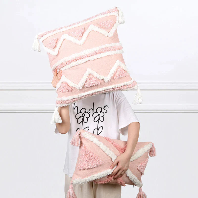 DecorBites™ Boho Pink Geometric Tufted Tassel Pillow Covers 30x100cm - Decorative Double Pillows