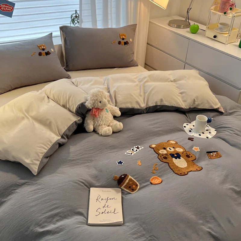 DecorBites™ Cartoon Embroidered Cotton Bedding Set for King/Queen Beds