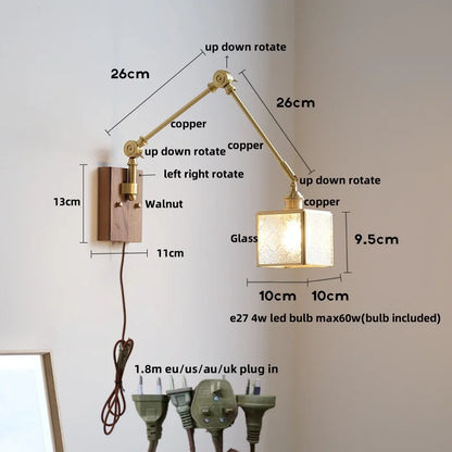 DecorBites™ Cube Glass LED Wall Sconce Walnut Wood Rotatable Mirror Light