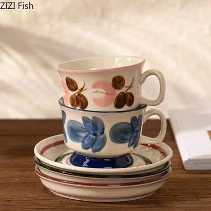 DecorBites™ Ink Flowers Ceramic Cup & Saucer Set - Gold-plated Coffee Mug for Dining Table