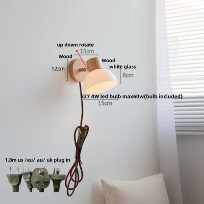 DecorBites™ Amber Glass LED Wall Sconce Nordic Modern Wood Pull Chain Switch Stair Light