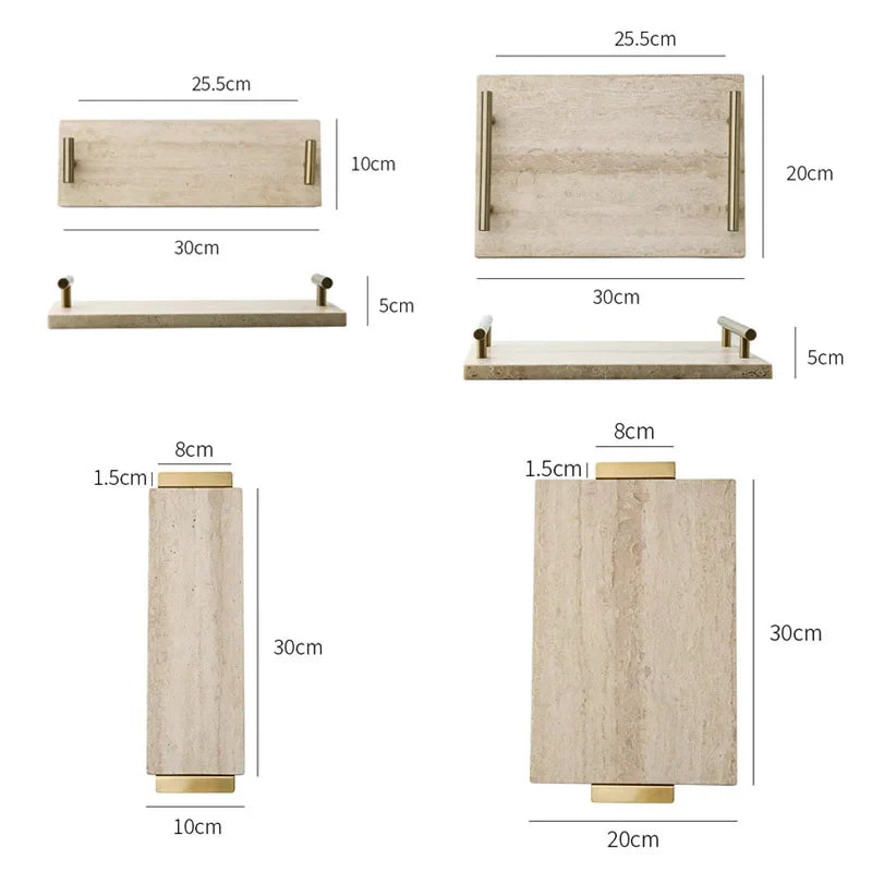 DecorBites™ Beige Travertine Stone Tray with Golden Metal Handle