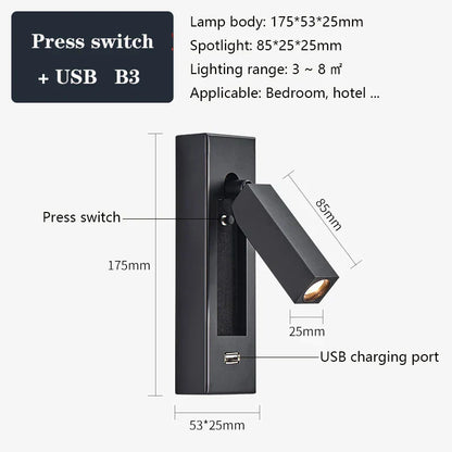 DecorBites™ Black Brass Wall Sconce with USB Port and Switch, 3W Spotlight for Bedroom
