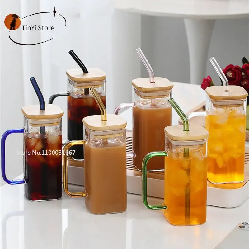 DecorBites™ 350ML Square Mug with Lid & Straw, Colored Handle Layer Drinking Glass for Beverages