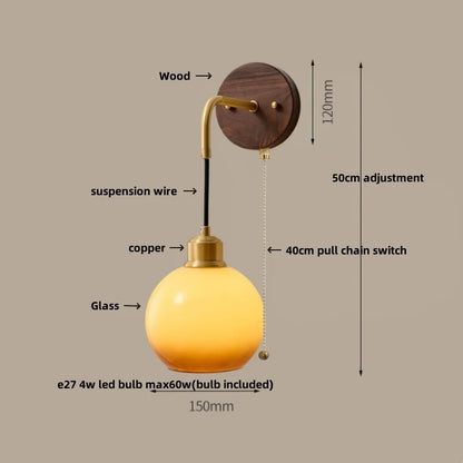 DecorBites™ Copper Adjustable LED Wall Light; Modern Pull Chain Switch Glass Stair Lights