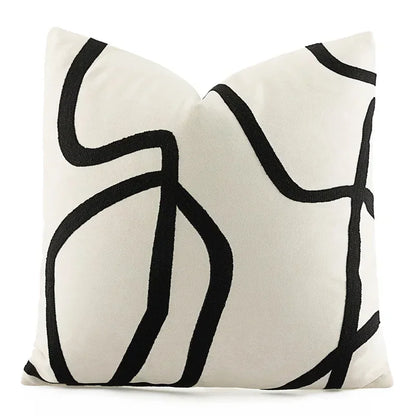 DecorBites™ Geometric Line Embroidered Pillowcase in Black White Beige Suede Canvas