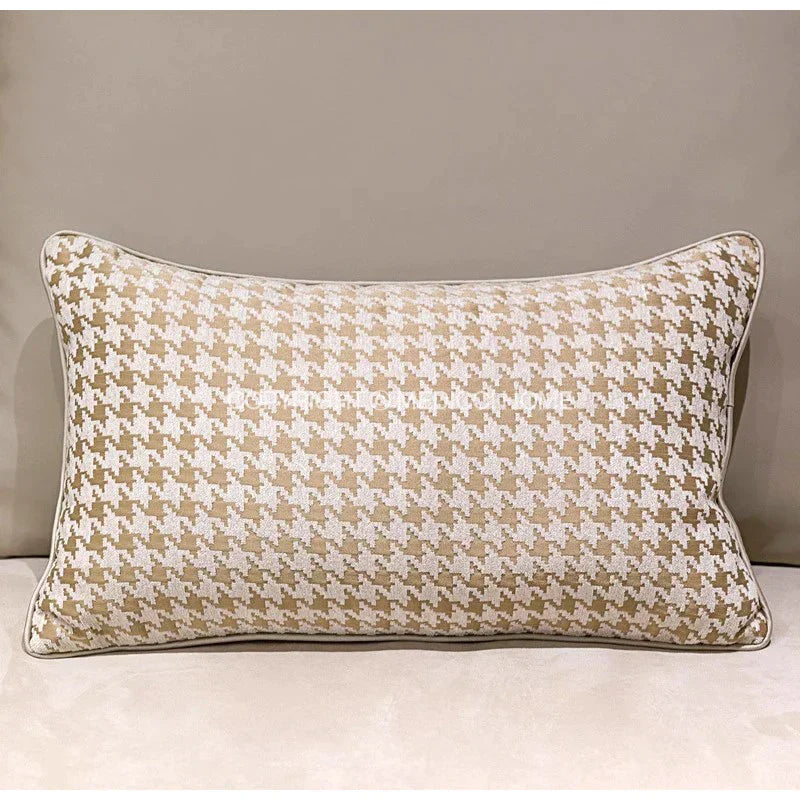 DecorBites™ Beige Gold Houndstooth Jacquard Lumbar Pillowcase for Modern Interiors