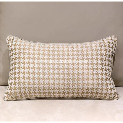 DecorBites™ Beige Gold Houndstooth Jacquard Lumbar Pillowcase for Modern Interiors
