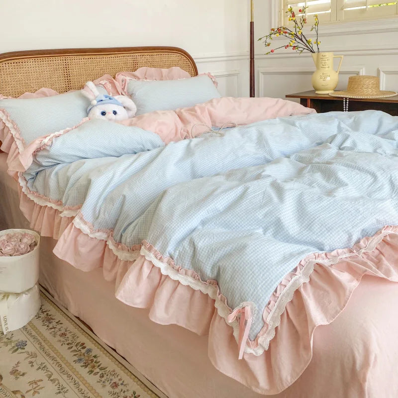 DecorBites™ Blue Pink Lattice Bedding Set: Princess Ruffles Bow, 100% Cotton Quilt Cover, Sheet, Pillowcases