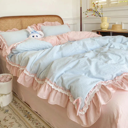 DecorBites™ Blue Pink Lattice Bedding Set: Princess Ruffles Bow, 100% Cotton Quilt Cover, Sheet, Pillowcases