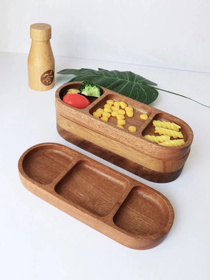DecorBites™ Acacia Wood Oval Three-Compartment Japanese Dip Plate | Breakfast Dip Plate
