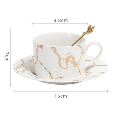DecorBites™ Gilded Marble Texture Ceramic Cup & Saucer Set for Dining Table Tea & Coffee