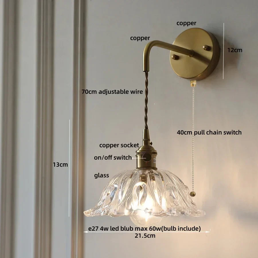 DecorBites™ Glass & Copper Green Flower LED Wall Sconce with Pull Chain