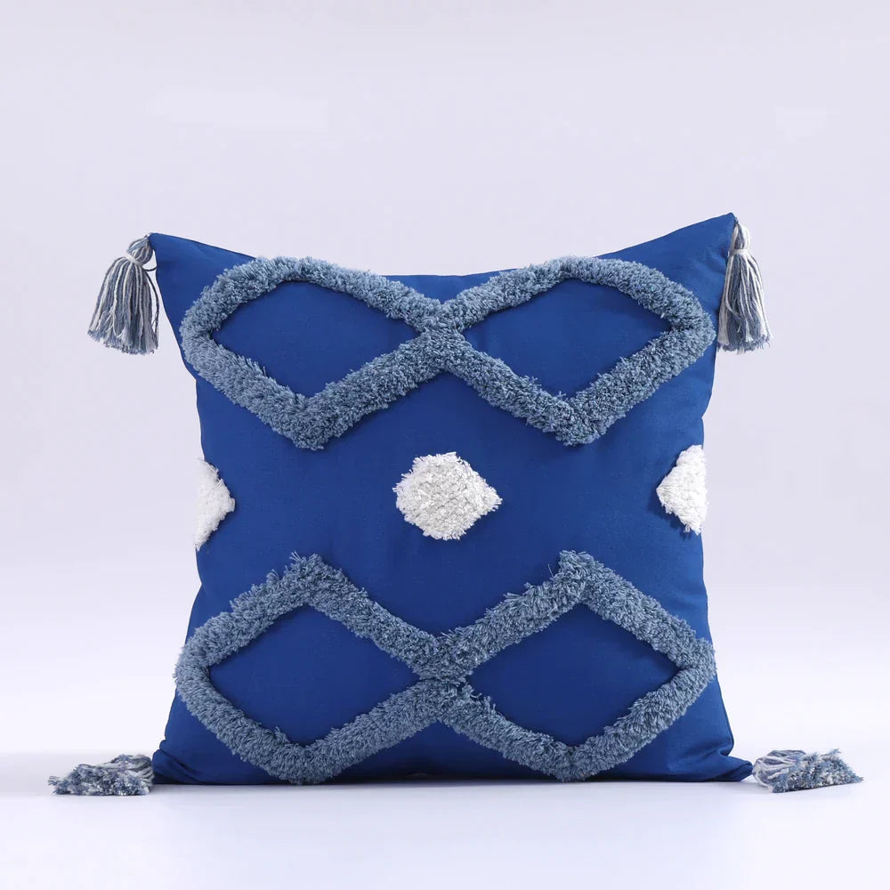 DecorBites™ Boho Tufted Tassel Cushion Cover 45x45cm - Blue Pink Cotton Throw Pillow Cover