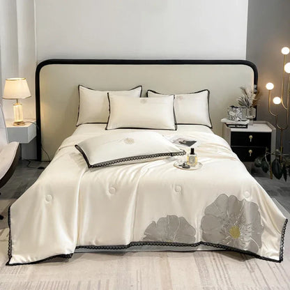 DecorBites™ Luxe Flower Embroidered Cool Quilt Set - Lightweight, Silky, High-End Comfort