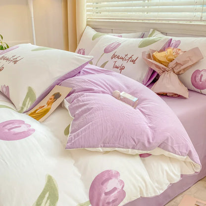 DecorBites™ Cartoon Heart Floral Print Duvet Set with Bed Sheet & Pillowcases
