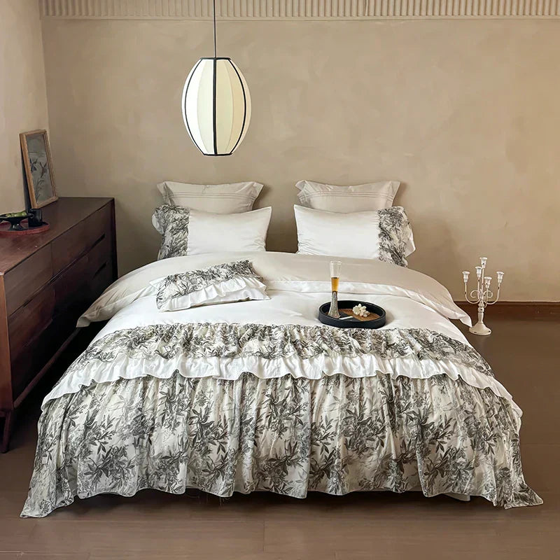 DecorBites™ Luxe Lace Ruffles Wedding Bedding Set: Duvet Cover, Bed Sheet, 2 Pillowcases
