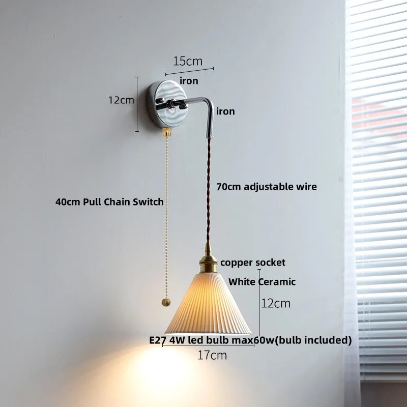 DecorBites™ Ceramic LED Wall Sconce Pull Chain Switch Bedside Lamp White Nordic Modern Fixtures