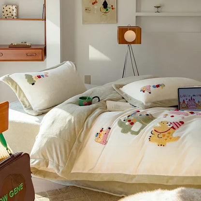 DecorBites™ Embroidered Milk Fleece Winter Bedding Set for Warmth & Cozy Comfort