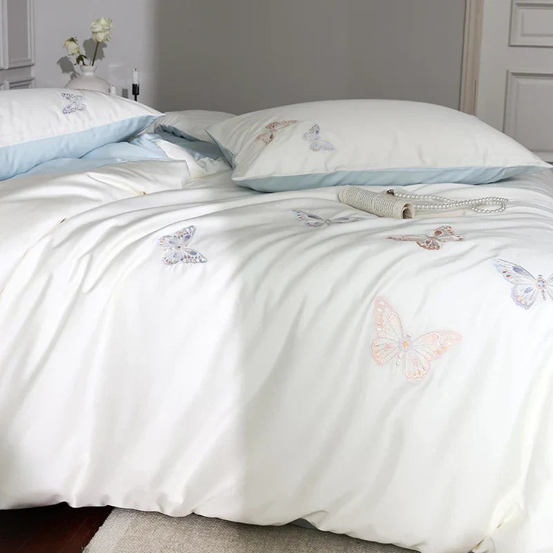 DecorBites™ Butterfly Embroidery Lyocell Cotton Bedding Set, Silky Soft Cool Feeling Sheets