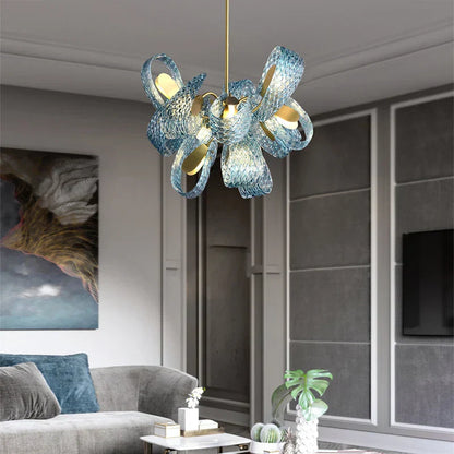 DecorBites™ Blue Glass Luxury Brass Ceiling Pendant Light - Creative Flower Design