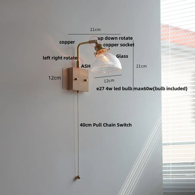 DecorBites™ Brass Walnut Wood LED Wall Sconce with Pull Chain Switch & Flower Glass