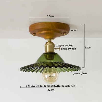 DecorBites™ Green Glass LED Ceiling Lamp Nordic Wood Copper Ceiling Lights
